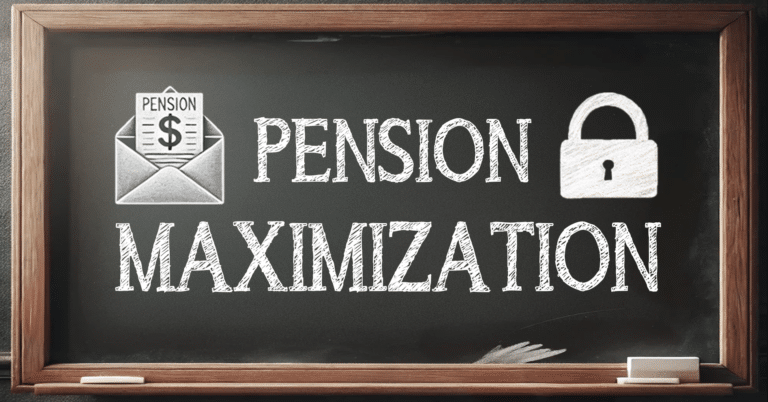 The phrase "pension maximization" written on a chalkboard with a pension payment and a lock symbolizes the importance of strategic planning for retirement income and financial stability. This visual emphasis serves to convey key concepts related to maximizing pension benefits by effectively integrating Whole Life insurance to replace survivor benefits.