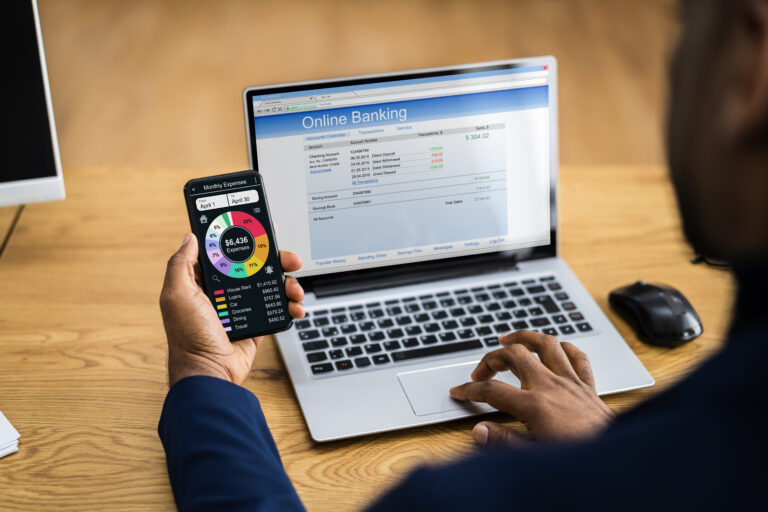 Person reviewing their Velocity Banking accounts on a laptop, showcasing financial planning and debt management strategies for improved cash flow and wealth building