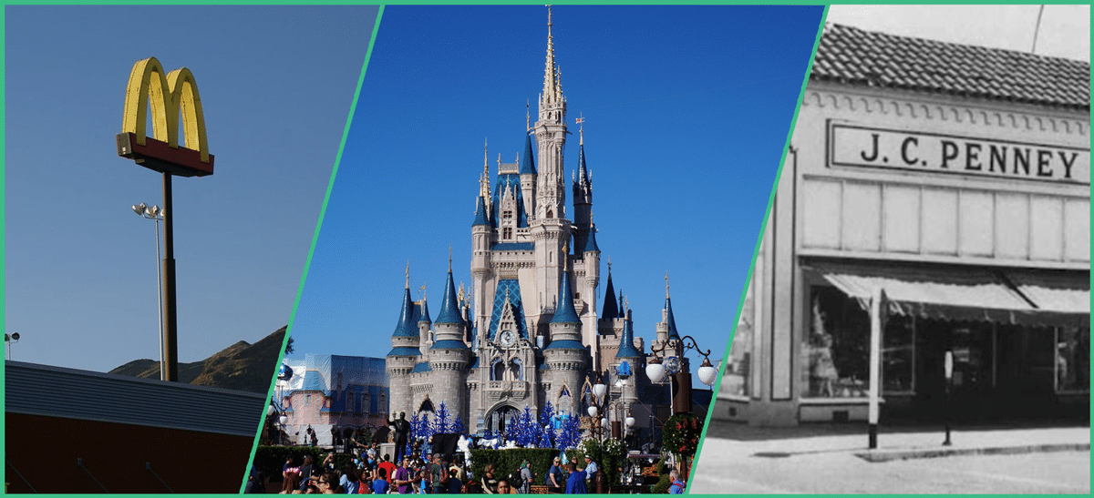 McDonald&rsquo;s golden arches, Disney&rsquo;s Magic Kingdom castle, and an early J.C. Penney storefront