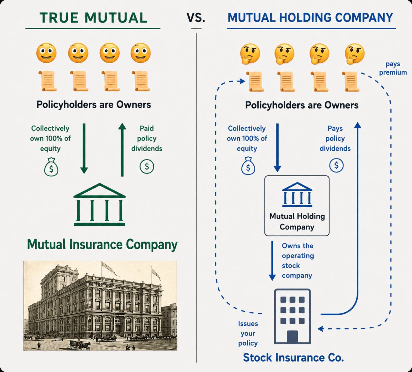 Diagram comparing a true mutual insurance company to a mutual holding company: in a true mutual, policyholders directly own 100% of the insurer and receive its dividends; in a mutual holding company structure, policyholders hold membership rights one level up while a separate stock insurance subsidiary actually issues the policy and collects premiums.
